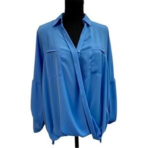 Suzy Shier Women's Blue Classic Hilo Long Sleeve draped wrap Blouse M